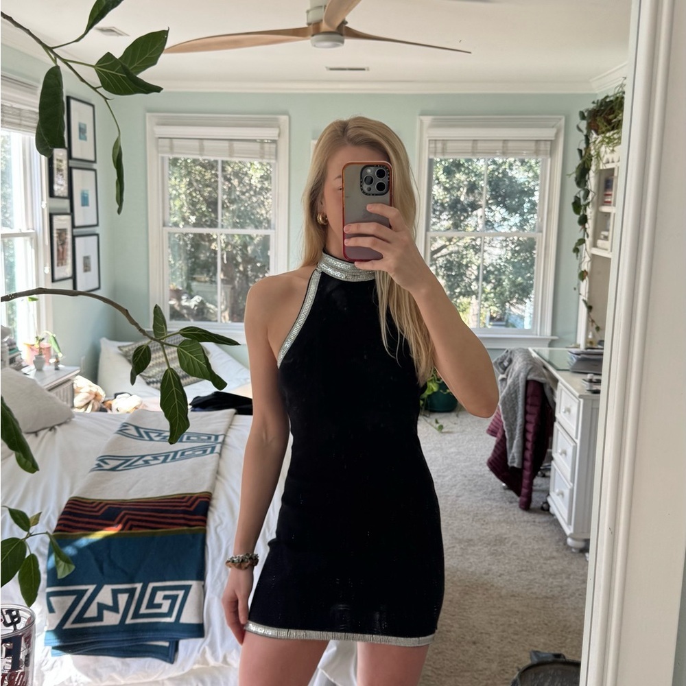 Retrofete Jade Elegant Black and Silver Halter Dress